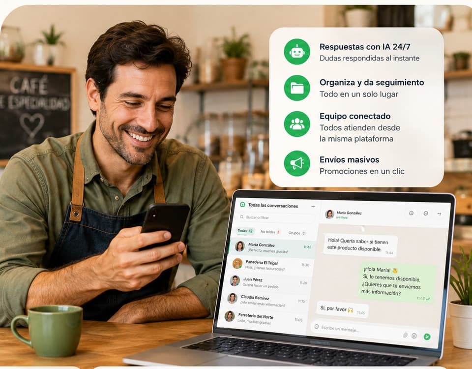 Dueño de negocio atendiendo WhatsApp desde su celular y laptop con MamboChat